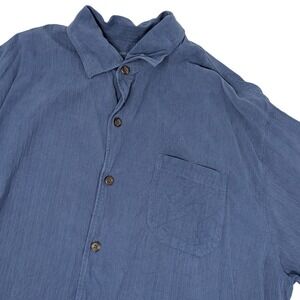 Tommy Bahama Mens XL Blue 100% Silk Short Sleeve Button Down Camp Shirt Textured